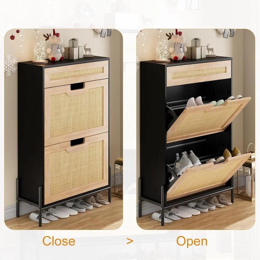 DHN Smalle Schoenenkast Rotan 2 klapdeuren 1 lade vrijstaande schoenenkast moderne smalle schoenenkast