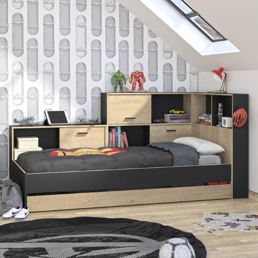 EMOB Tienerbed met bedlade en opbergruimte Erwan 90 x 200 cm Châtaignier-design Gautier Diagone Bedden met lades Bruin MDF Bedden met lades Eenpersoons Normaal bed Op voorraad - Foto 2