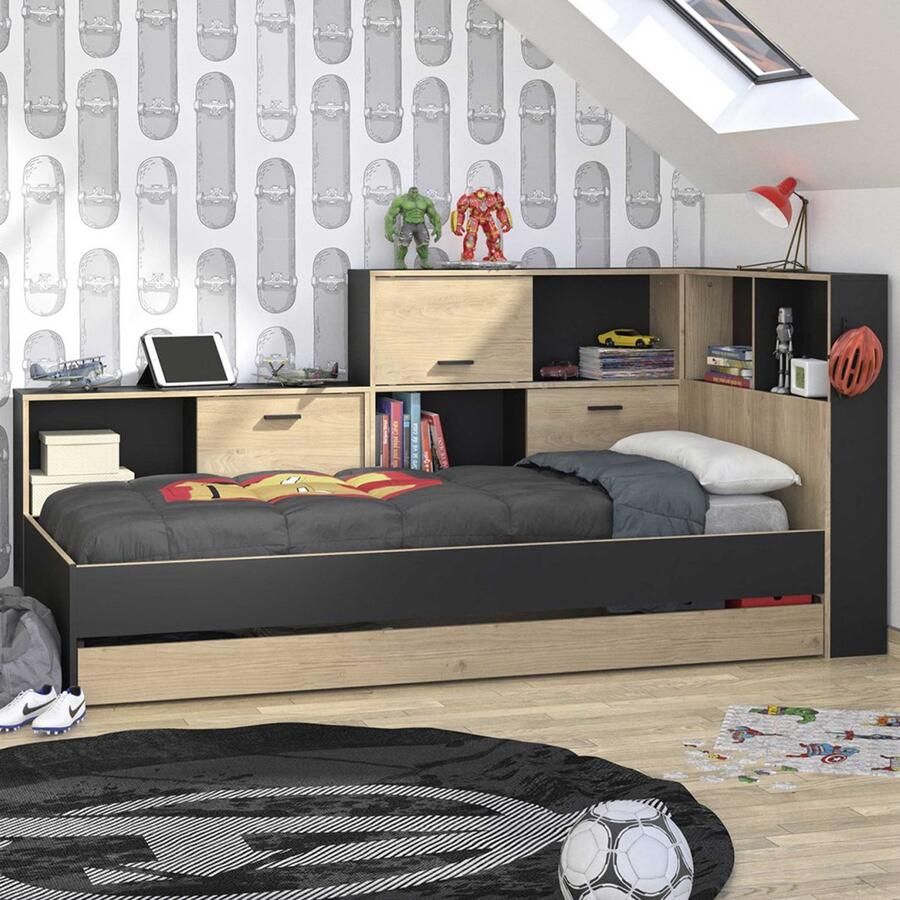 EMOB Tienerbed met bedlade en opbergruimte Erwan 90 x 200 cm Châtaignier-design Gautier Diagone Bedden met lades Bruin MDF Bedden met lades Eenpersoons Normaal bed Op voorraad