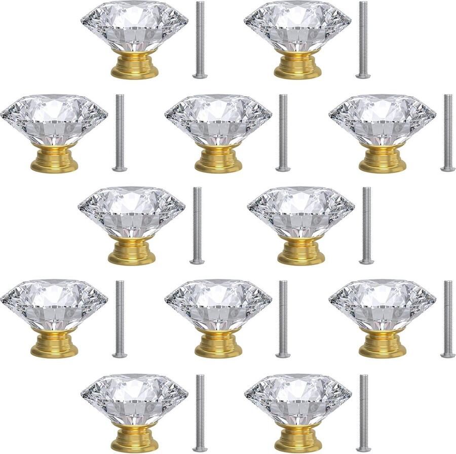 Diamond Door Knobs Diamond Crystal Glass Cabinet Pulls Kastgrepen Gouden Deurknoppen Meubelgrepen Voor Home Decor Dressoirladen Bureaus Kastdeuren Helder Kristal 30mm Gouden Basis