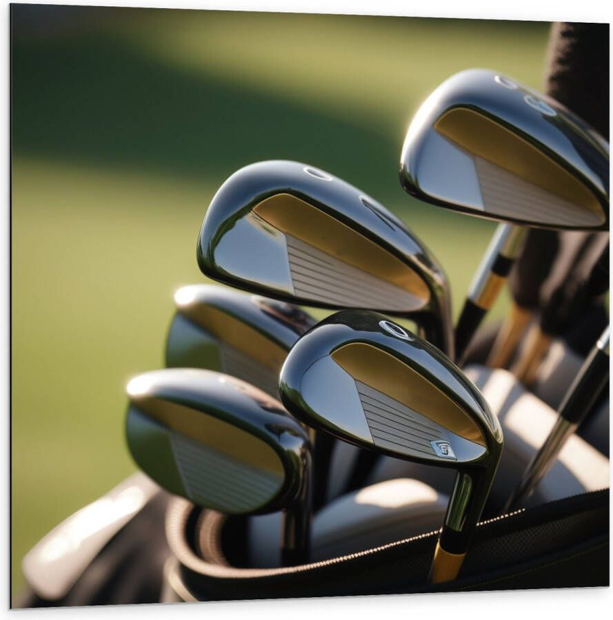 Dibond Golf Clubs in Trolley op Golfbaan 100x100 cm Foto op Aluminium (Met Ophangsysteem)