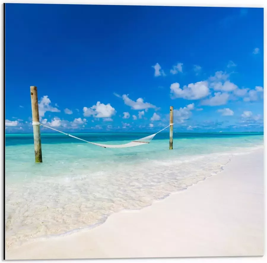 Dibond Hangmat boven Aankomende Golven op Wit Tropisch Strand 50x50 cm Foto op Aluminium (Met Ophangsysteem)