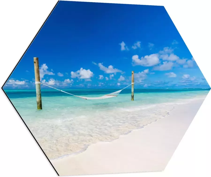 Dibond Hexagon Hangmat boven Aankomende Golven op Wit Tropisch Strand 70x60.9 cm Foto op Hexagon (Met Ophangsysteem)