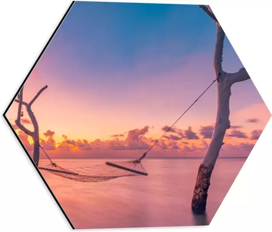 Dibond Hexagon Hangmat tussen Kale Takken in de Zee tijdens Zonsondergang 40x34.8 cm Foto op Hexagon (Met Ophangsysteem)
