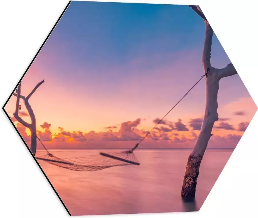 Dibond Hexagon Hangmat tussen Kale Takken in de Zee tijdens Zonsondergang 50x43.5 cm Foto op Hexagon (Met Ophangsysteem)
