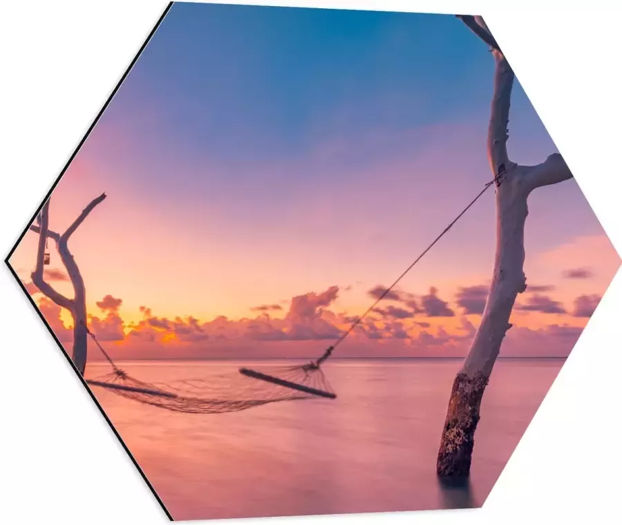 Dibond Hexagon Hangmat tussen Kale Takken in de Zee tijdens Zonsondergang 60x52.2 cm Foto op Hexagon (Met Ophangsysteem)