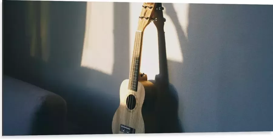 Dibond Houten Gitaar op Rand van Bank 100x50 cm Foto op Aluminium (Met Ophangsysteem)