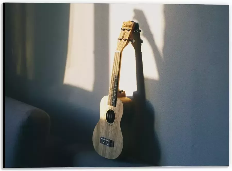 Dibond Houten Gitaar op Rand van Bank 40x30 cm Foto op Aluminium (Met Ophangsysteem)