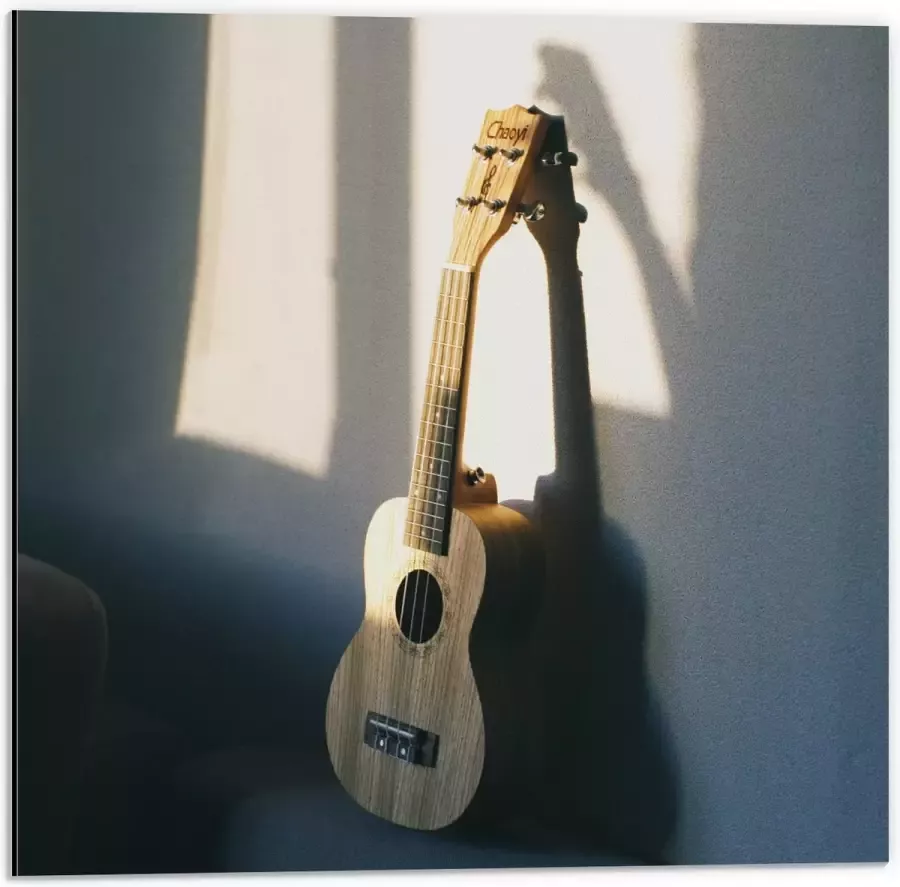 Dibond Houten Gitaar op Rand van Bank 50x50 cm Foto op Aluminium (Met Ophangsysteem)