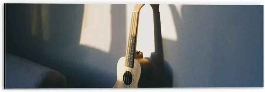 Dibond Houten Gitaar op Rand van Bank 60x20 cm Foto op Aluminium (Met Ophangsysteem)