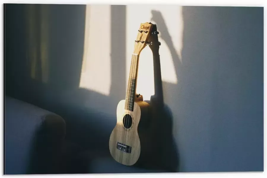 Dibond Houten Gitaar op Rand van Bank 60x40 cm Foto op Aluminium (Met Ophangsysteem)