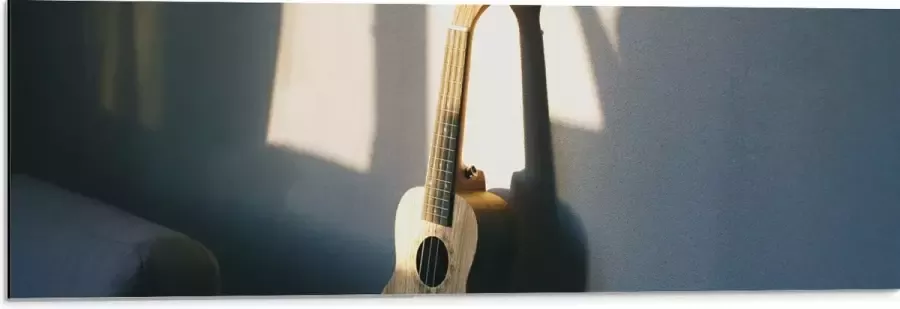 Dibond Houten Gitaar op Rand van Bank 90x30 cm Foto op Aluminium (Met Ophangsysteem)