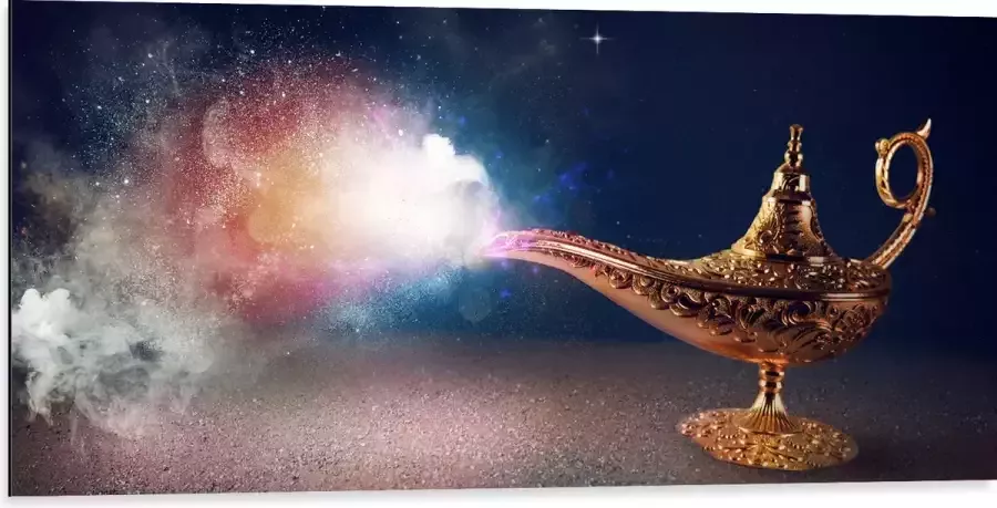 Dibond Magische Gouden Lamp met Kleurrijke Rook 100x50 cm Foto op Aluminium (Wanddecoratie van metaal)
