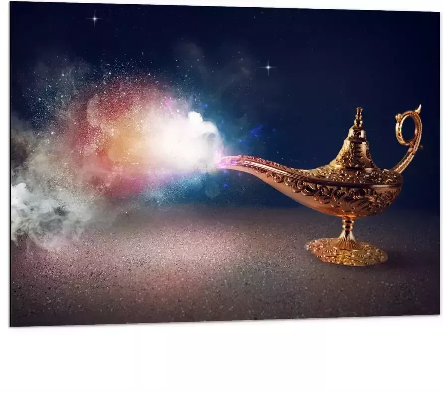Dibond Magische Gouden Lamp met Kleurrijke Rook 100x75 cm Foto op Aluminium (Wanddecoratie van metaal)