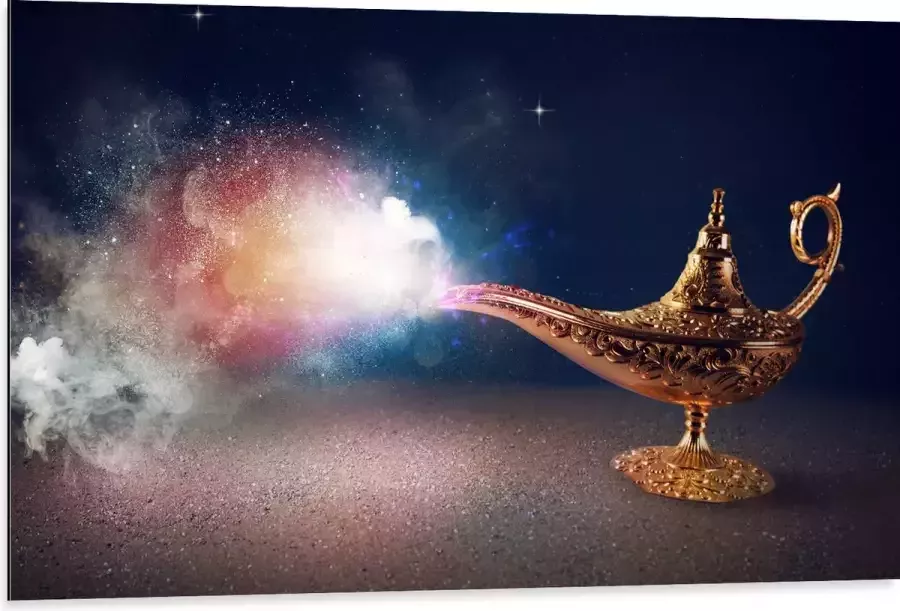 Dibond Magische Gouden Lamp met Kleurrijke Rook 105x70 cm Foto op Aluminium (Met Ophangsysteem)