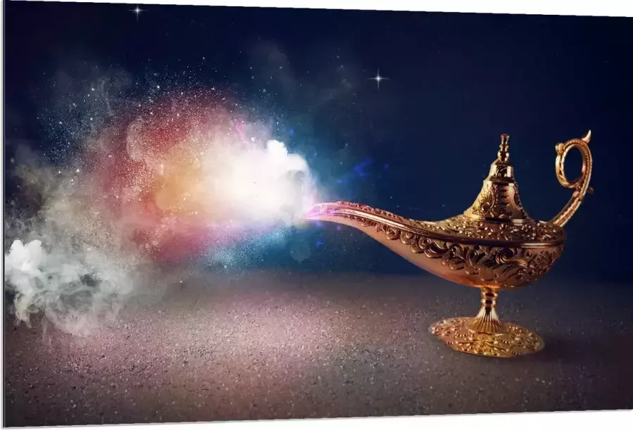 Dibond Magische Gouden Lamp met Kleurrijke Rook 120x80 cm Foto op Aluminium (Met Ophangsysteem)