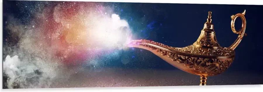 Dibond Magische Gouden Lamp met Kleurrijke Rook 150x50 cm Foto op Aluminium (Wanddecoratie van metaal)