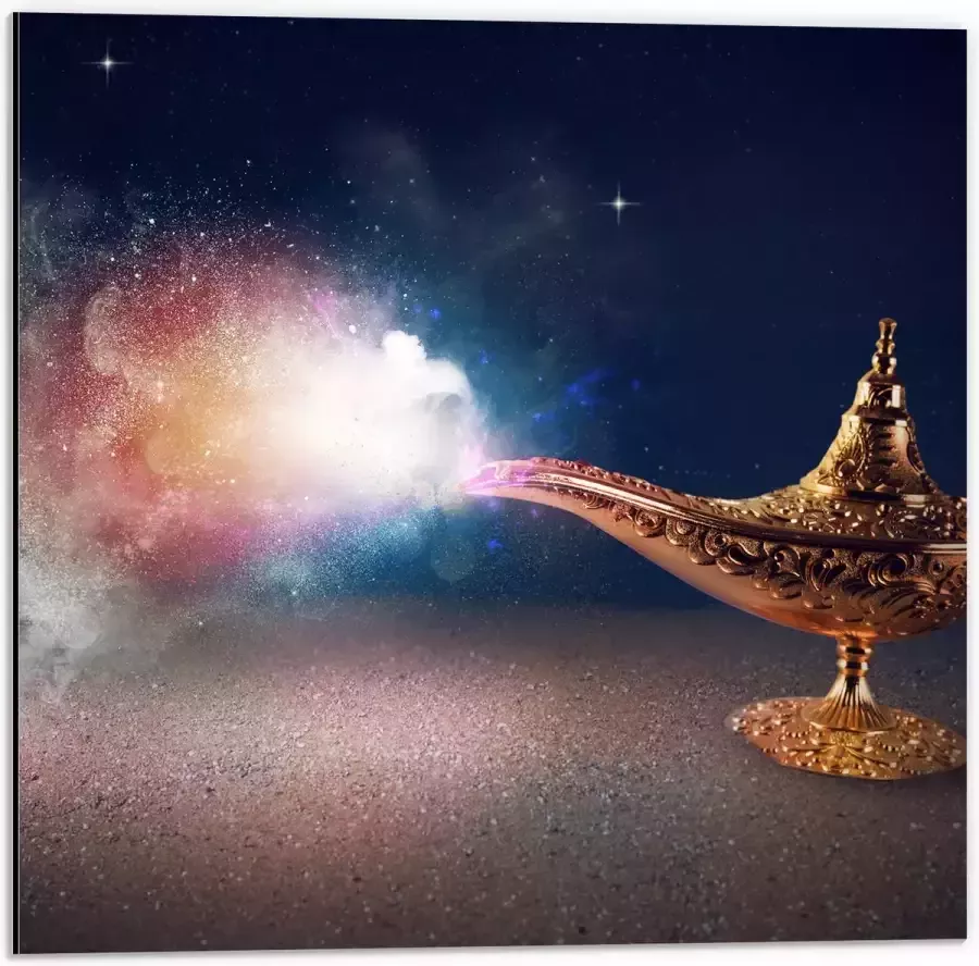 Dibond Magische Gouden Lamp met Kleurrijke Rook 50x50 cm Foto op Aluminium (Met Ophangsysteem) - Foto 1