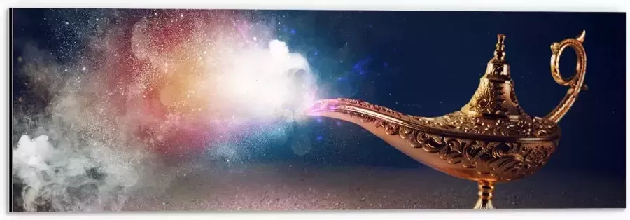 Dibond Magische Gouden Lamp met Kleurrijke Rook 60x20 cm Foto op Aluminium (Wanddecoratie van metaal)