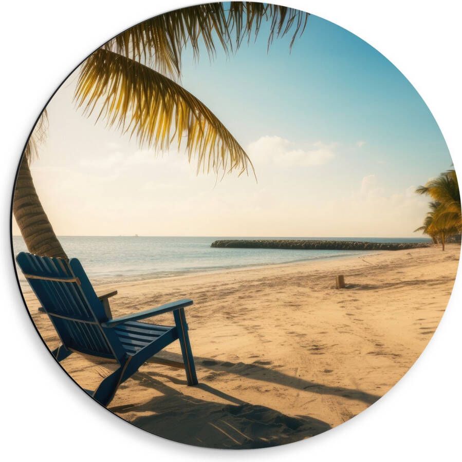 Dibond Muurcirkel Strand Zee Palmbomen Zon Stoel 50x50 cm Foto op Aluminium Muurcirkel (met ophangsysteem)