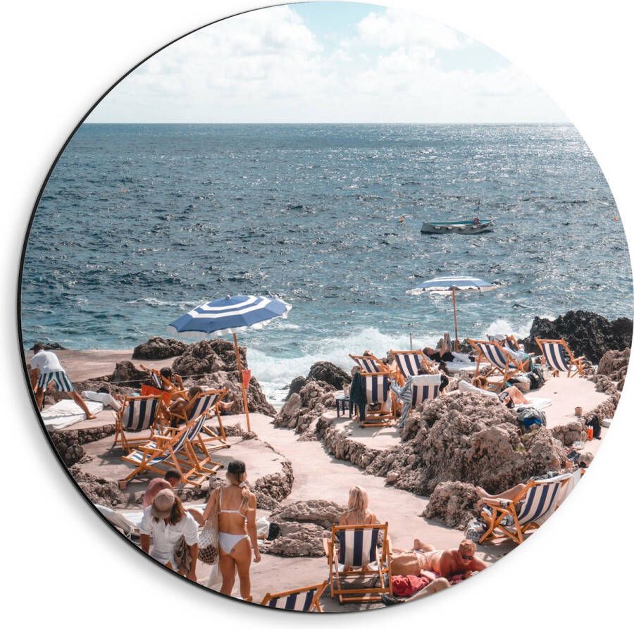 Dibond Muurcirkel Strand Zee Stoelen Mensen Water Stenen 40x40 cm Foto op Aluminium Muurcirkel (met ophangsysteem)
