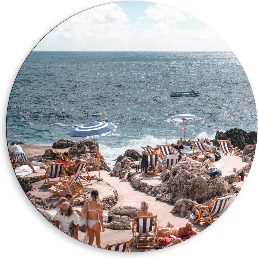 Dibond Muurcirkel Strand Zee Stoelen Mensen Water Stenen 80x80 cm Foto op Aluminium Muurcirkel (met ophangsysteem)