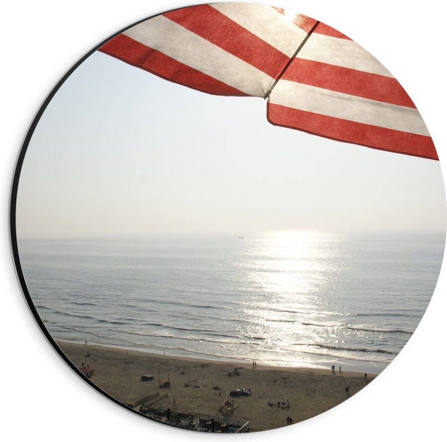Dibond Muurcirkel Strand Zee Zand Parasol Mensen Strandtent Zon 20x20 cm Foto op Aluminium Muurcirkel (met ophangsysteem)