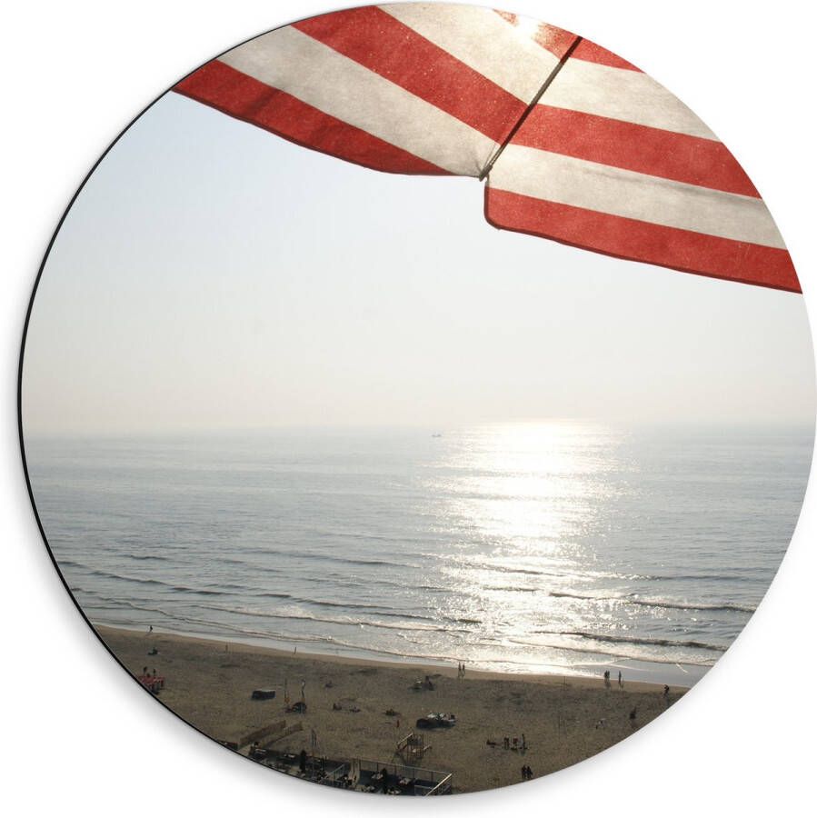 Dibond Muurcirkel Strand Zee Zand Parasol Mensen Strandtent Zon 50x50 cm Foto op Aluminium Muurcirkel (met ophangsysteem)