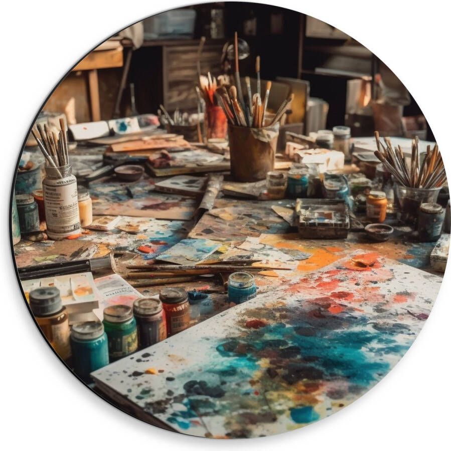 Dibond Muurcirkel Tafel Verf Kunst Schilderen Kwasten Potjes Kleuren Vellen 30x30 cm Foto op Aluminium Muurcirkel (met ophangsysteem)