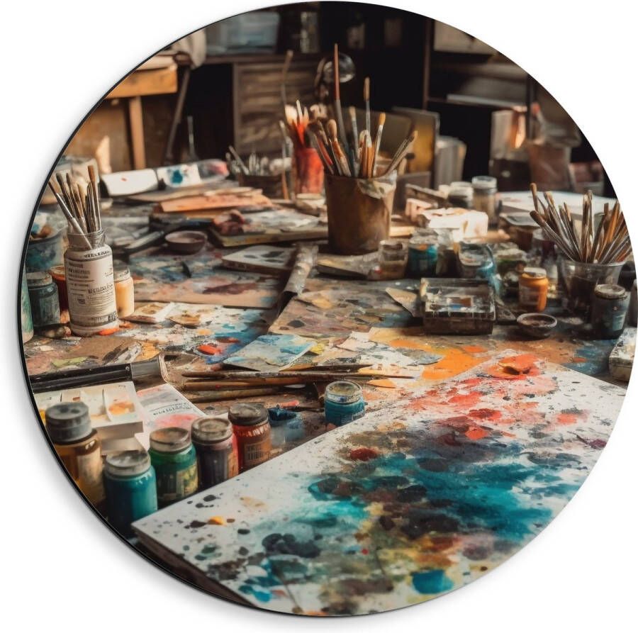 Dibond Muurcirkel Tafel Verf Kunst Schilderen Kwasten Potjes Kleuren Vellen 40x40 cm Foto op Aluminium Muurcirkel (met ophangsysteem)