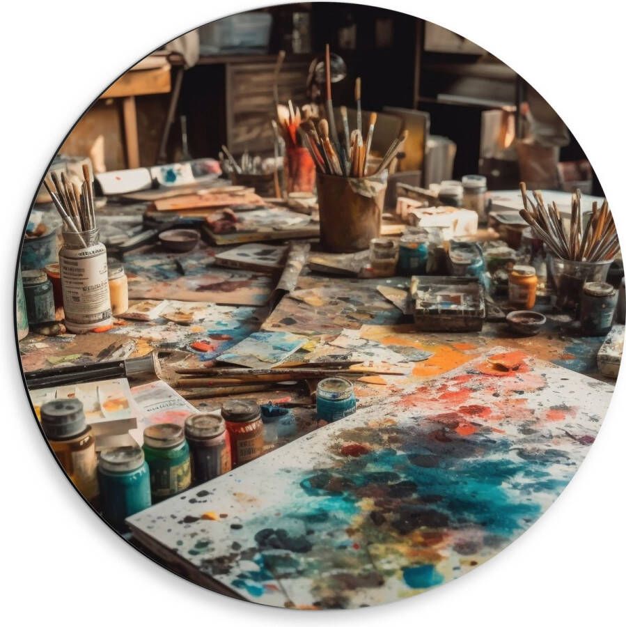 Dibond Muurcirkel Tafel Verf Kunst Schilderen Kwasten Potjes Kleuren Vellen 50x50 cm Foto op Aluminium Muurcirkel (met ophangsysteem)