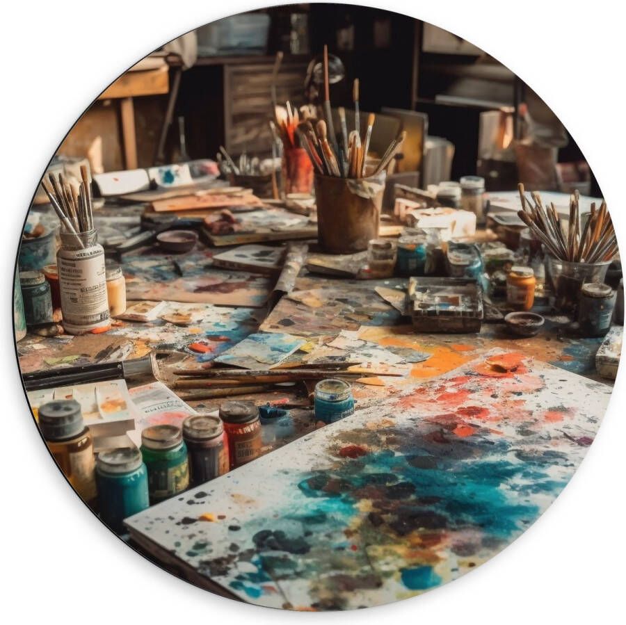 Dibond Muurcirkel Tafel Verf Kunst Schilderen Kwasten Potjes Kleuren Vellen 60x60 cm Foto op Aluminium Muurcirkel (met ophangsysteem)