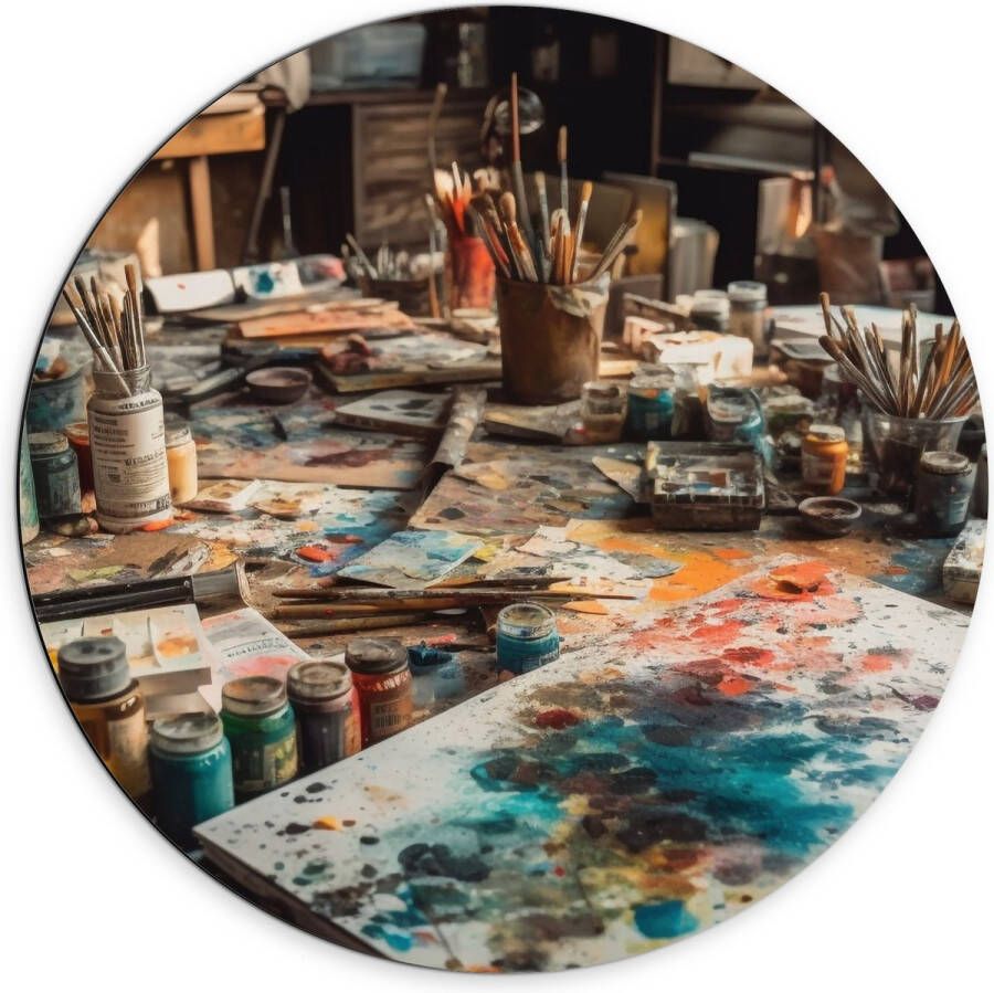 Dibond Muurcirkel Tafel Verf Kunst Schilderen Kwasten Potjes Kleuren Vellen 70x70 cm Foto op Aluminium Muurcirkel (met ophangsysteem)