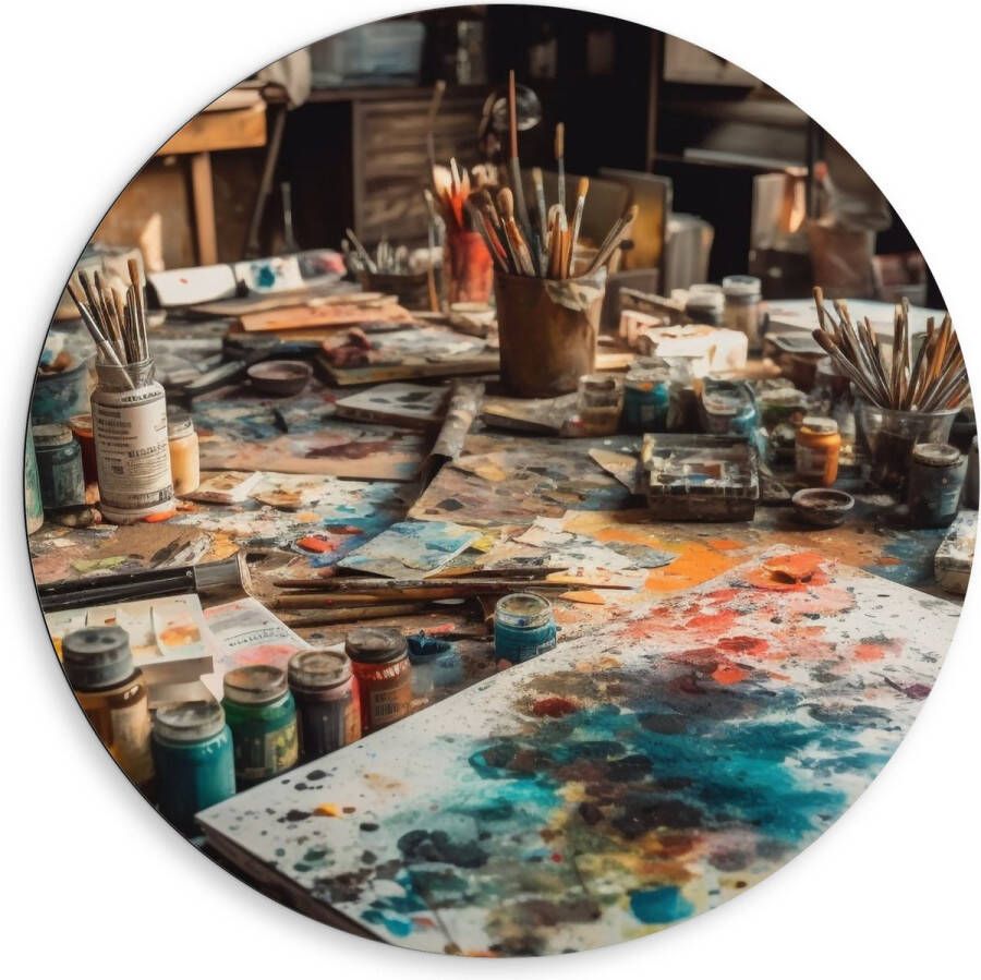 Dibond Muurcirkel Tafel Verf Kunst Schilderen Kwasten Potjes Kleuren Vellen 80x80 cm Foto op Aluminium Muurcirkel (met ophangsysteem)