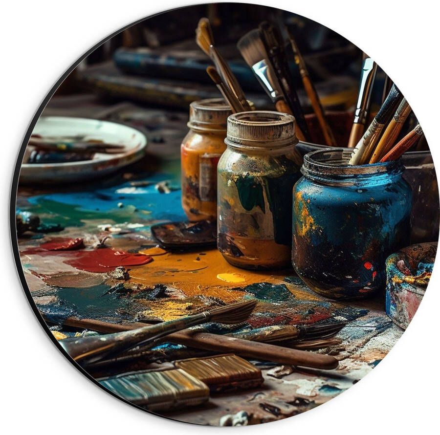 Dibond Muurcirkel Tafel Verf Kwasten Schilderen Verven -Kunst Kleuren 20x20 cm Foto op Aluminium Muurcirkel (met ophangsysteem)
