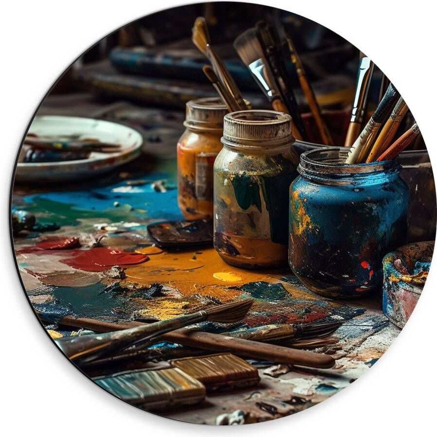 Dibond Muurcirkel Tafel Verf Kwasten Schilderen Verven -Kunst Kleuren 30x30 cm Foto op Aluminium Muurcirkel (met ophangsysteem)