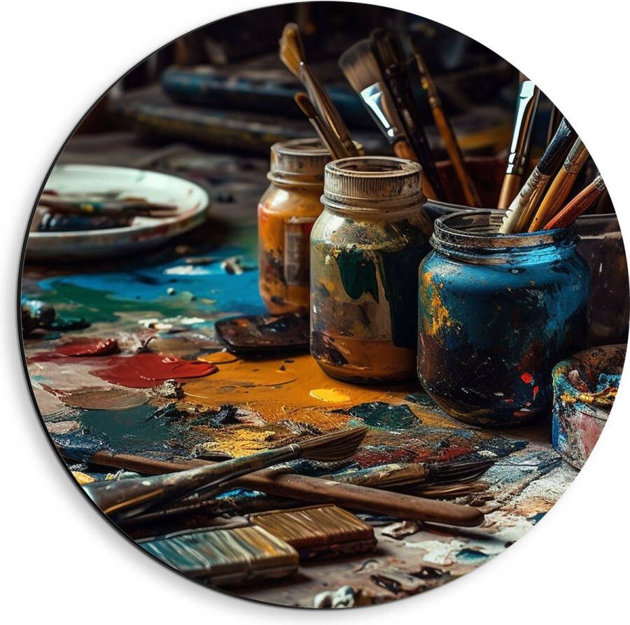 Dibond Muurcirkel Tafel Verf Kwasten Schilderen Verven -Kunst Kleuren 40x40 cm Foto op Aluminium Muurcirkel (met ophangsysteem)