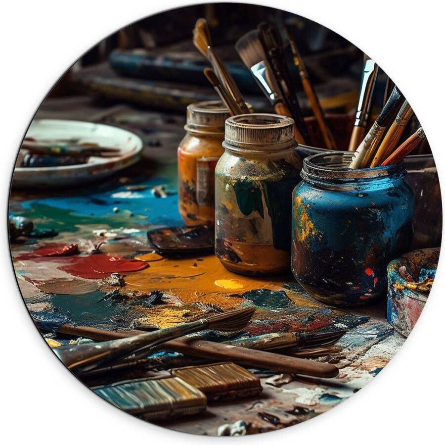 Dibond Muurcirkel Tafel Verf Kwasten Schilderen Verven -Kunst Kleuren 70x70 cm Foto op Aluminium Muurcirkel (met ophangsysteem)