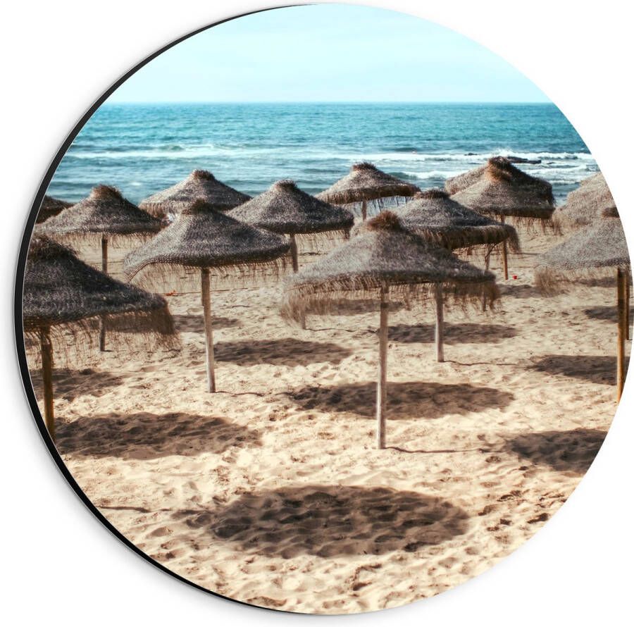 Dibond Muurcirkel Zee Strand Zand Parasols 20x20 cm Foto op Aluminium Muurcirkel (met ophangsysteem)