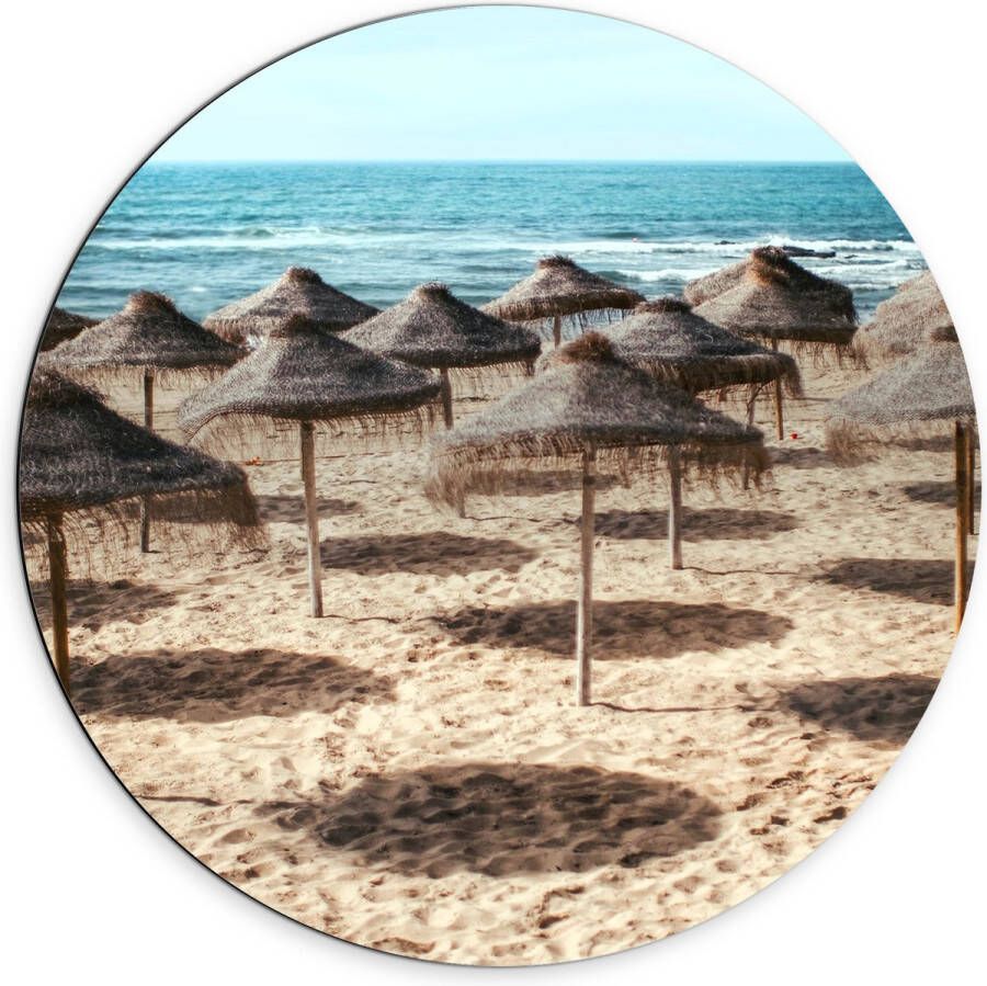 Dibond Muurcirkel Zee Strand Zand Parasols 70x70 cm Foto op Aluminium Muurcirkel (met ophangsysteem)