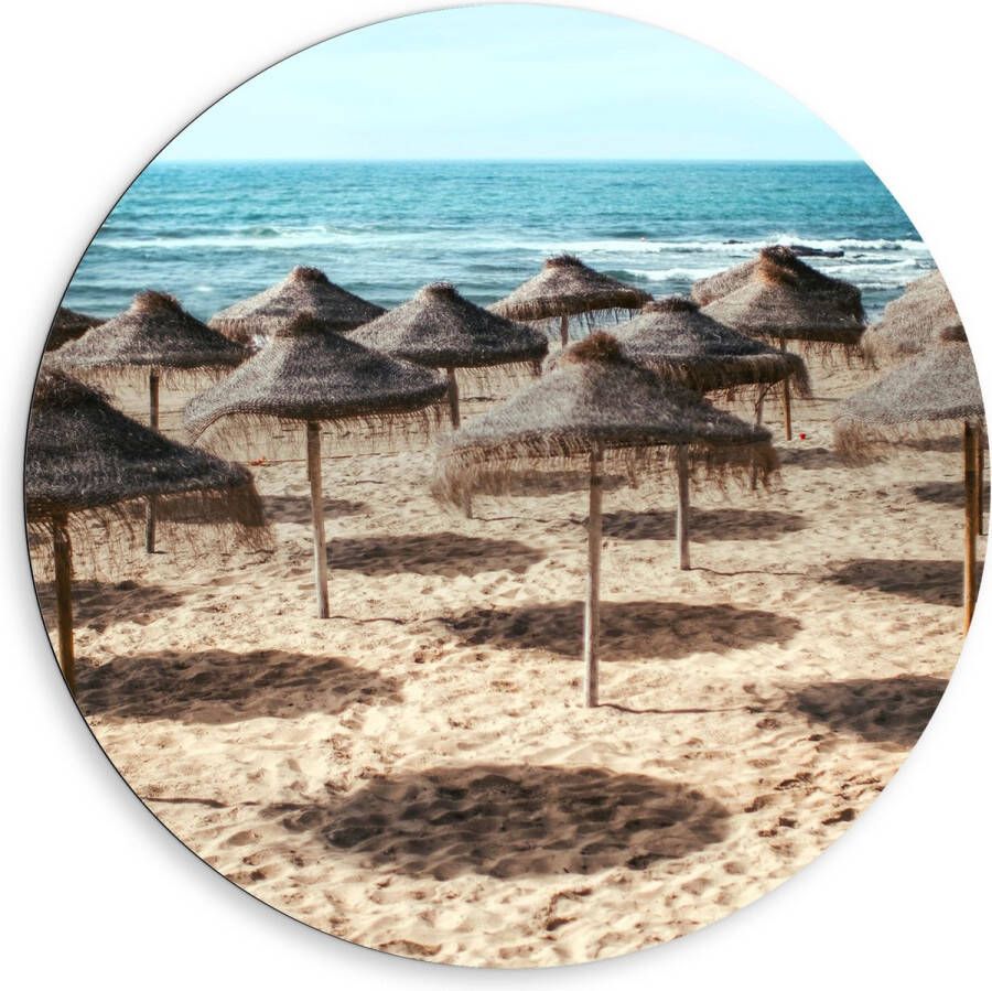 Dibond Muurcirkel Zee Strand Zand Parasols 80x80 cm Foto op Aluminium Muurcirkel (met ophangsysteem)