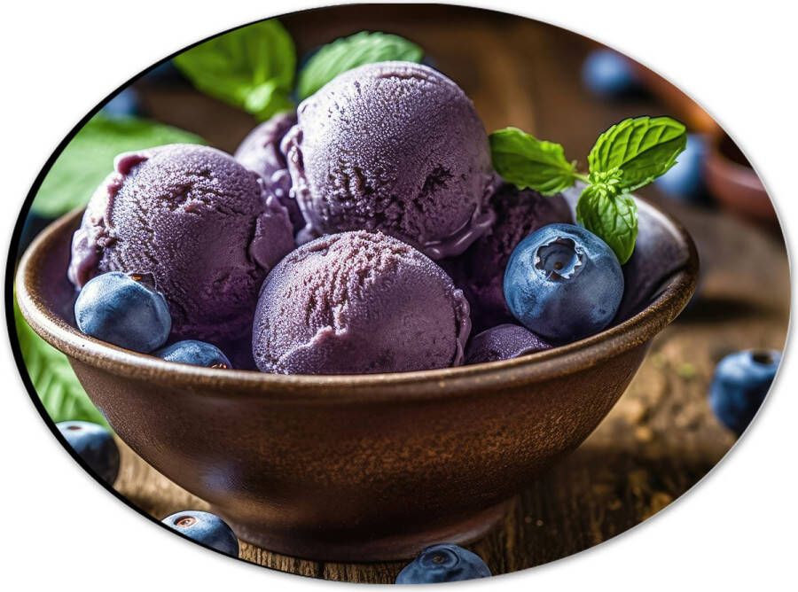 Dibond Ovaal Ijs Bolletjes Bosbessen Fruit Blauw Paars Bakje Tafel Hout 28x21 cm Foto op Ovaal (Met Ophangsysteem)