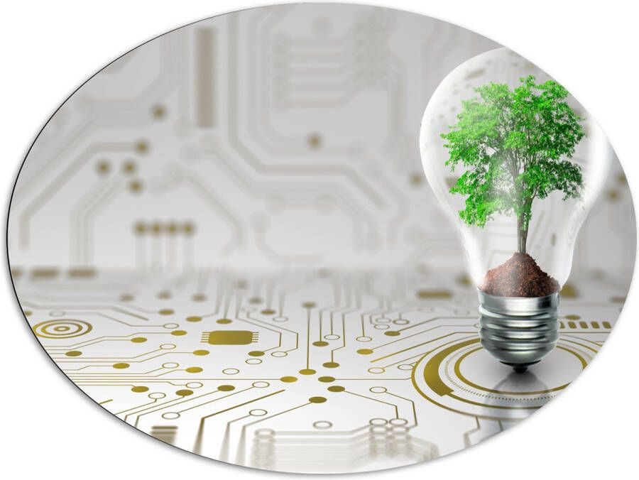 Dibond Ovaal Lamp Boompje Groen Technologie 108x81 cm Foto op Ovaal (Met Ophangsysteem)