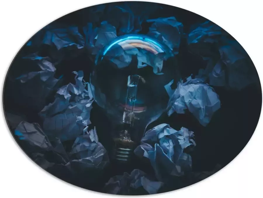 Dibond Ovaal Lamp tussen Proppen Papier 108x81 cm Foto op Ovaal (Met Ophangsysteem)