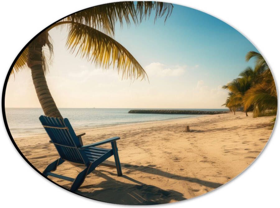 Dibond Ovaal Strand Zee Palmbomen Zon Stoel 28x21 cm Foto op Ovaal (Met Ophangsysteem)