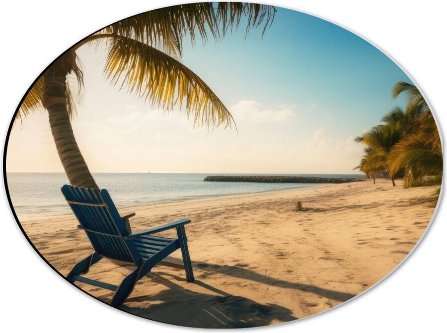 Dibond Ovaal Strand Zee Palmbomen Zon Stoel 40x30 cm Foto op Ovaal (Met Ophangsysteem)