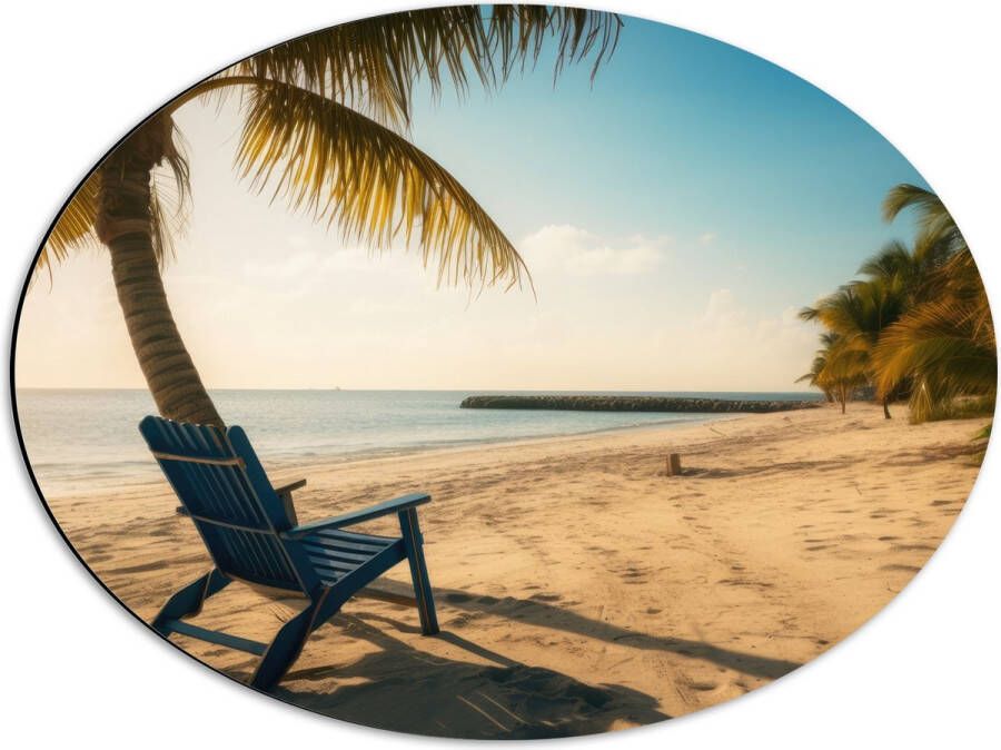 Dibond Ovaal Strand Zee Palmbomen Zon Stoel 56x42 cm Foto op Ovaal (Met Ophangsysteem)