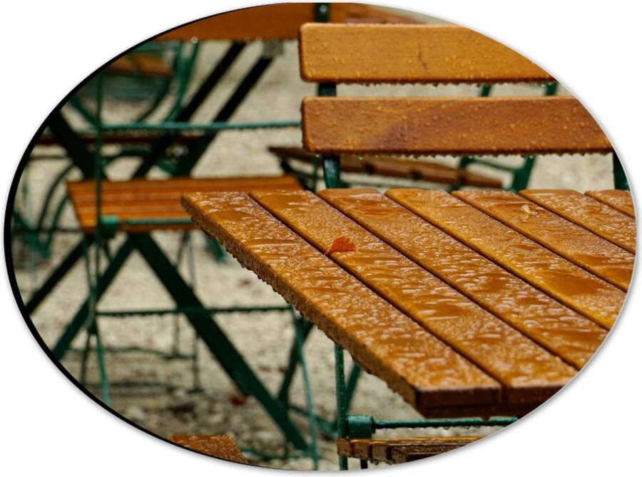 Dibond Ovaal Tafel Stoelen Regen Druppels Nat Hout 28x21 cm Foto op Ovaal (Met Ophangsysteem)