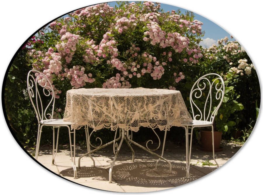 Dibond Ovaal Tafel Stoelen Tafelkleed Bloemen 28x21 cm Foto op Ovaal (Met Ophangsysteem)