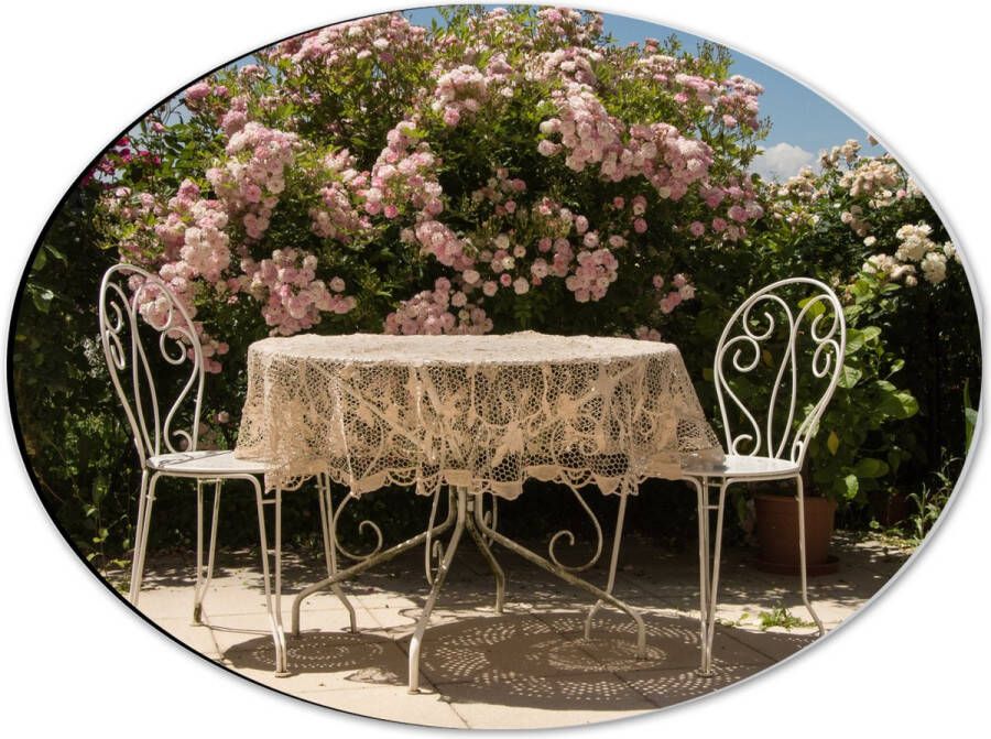 Dibond Ovaal Tafel Stoelen Tafelkleed Bloemen 40x30 cm Foto op Ovaal (Met Ophangsysteem)